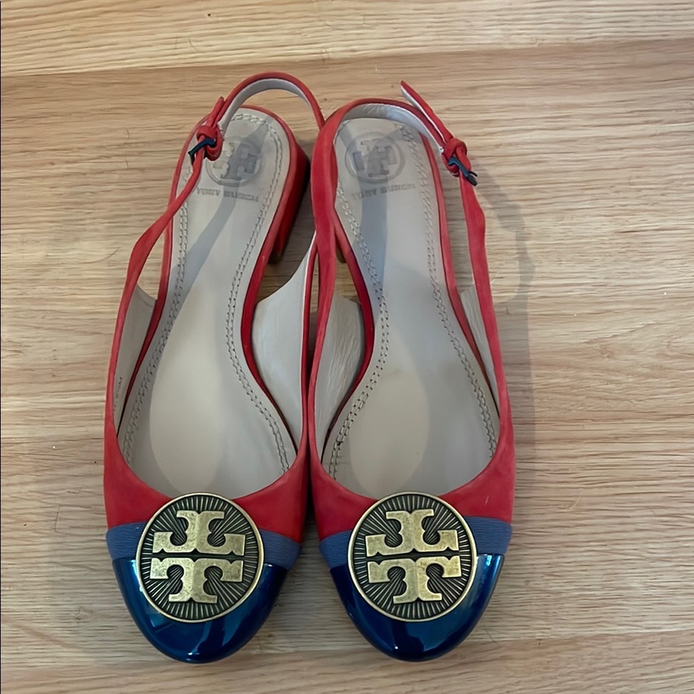Tory Burch Red and Blue Slingback Flats